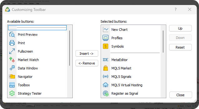 MT5 toolbar customisation window