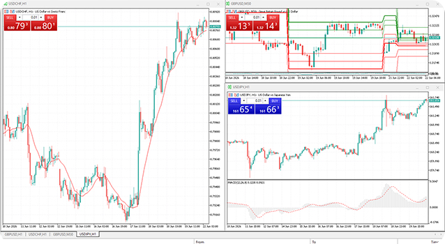 Multiple MT5 chart windows arranged together